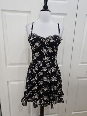 Vintage Y2K Tripp Royal Bones Black & White Skull Crossbones Flowy Mini Dress S